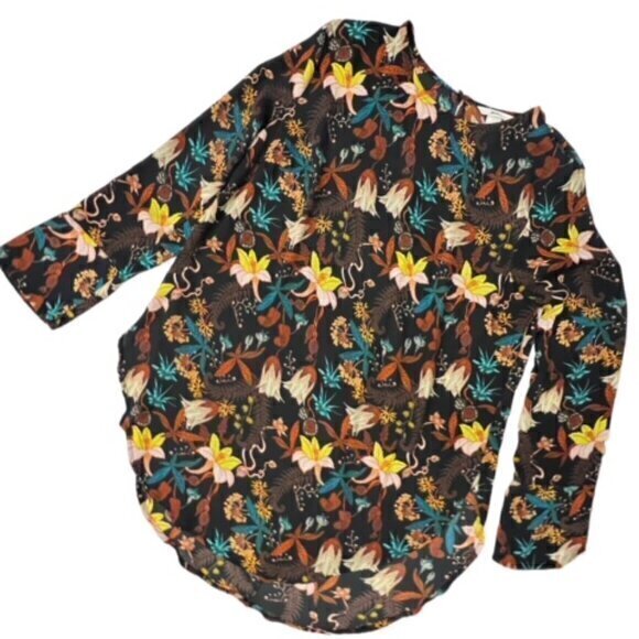 H & M Tunic Blouse Botanical Garden Floral Print Long Sleeve Size 14 Cottagecore - Picture 2 of 11